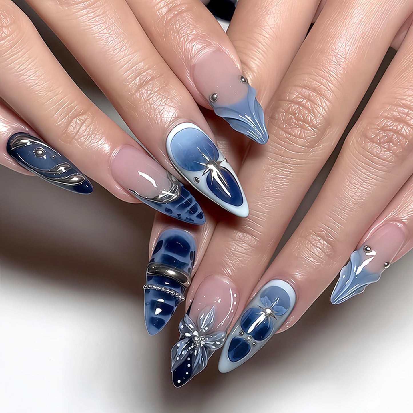 24Pcs Chrome Silver Press on Nails - Medium Almond Blue French Fake Nails with 3D Metal Ring Design Crocodile Pattern False Nails Blue Gradient Full Cover Flower Star Artificial Glue on Nail for Women