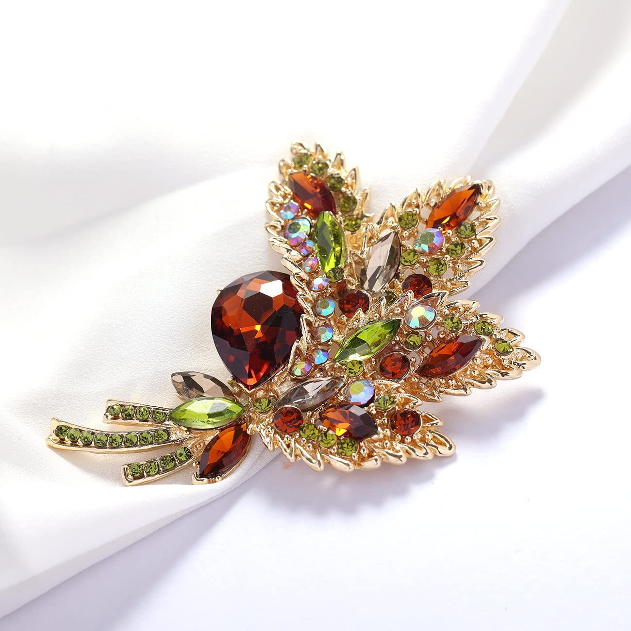 YOQUCOL Brown Austrian Crystal Leaf Shape Bouquet Big Large Brooch Pin Rhinestone Scarf Decoration Wreath Cloth Pin For Women