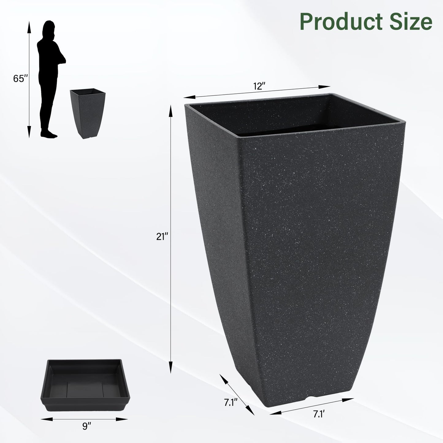 Neoaider Set of 2 Lightweight Ceramic-Look Tall Planter, 21 inch Large Plastic Planter with Drain Hole & Saucers, Large Outdoor Planters for Porch, Garden, Patio, Balcony(Dark Green)