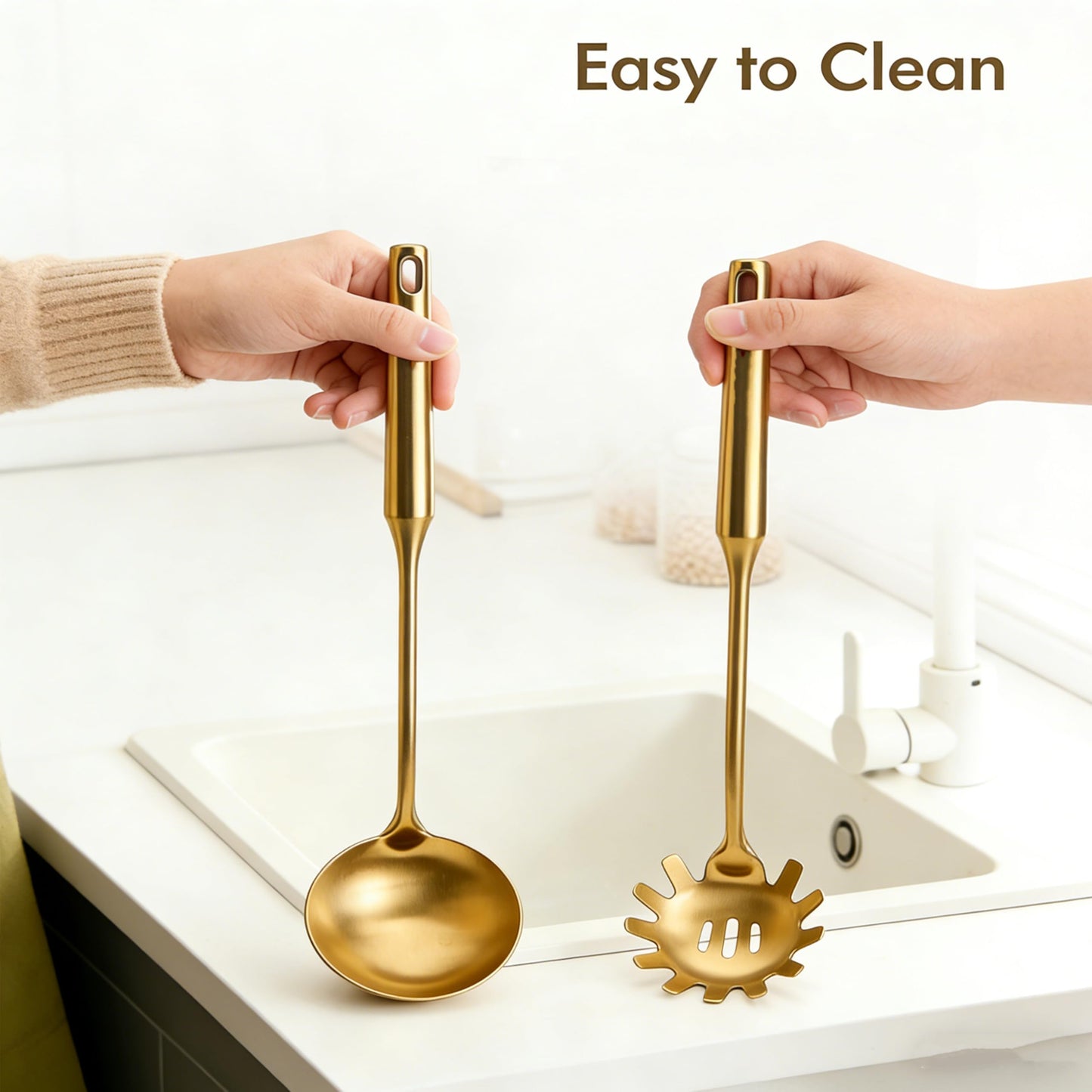 Gold Ladle Stainless Steel Strainer & Serving Spoons Set Premium Pasta Strainer for Cooking, Stirring, Serving Pasta, Soup & Sauce - Heavy-duty Kitchen Utensils for Daily Use & Gifting
