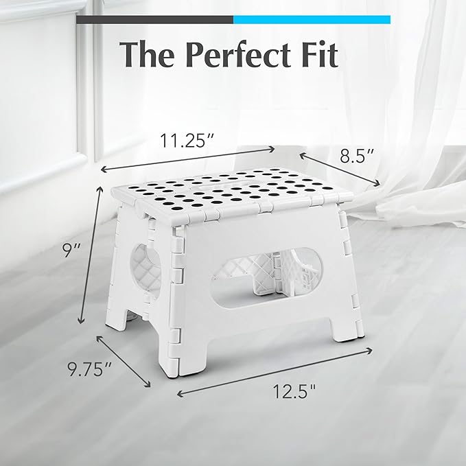 Handy Laundry Folding Lightweight Step Stool - Sturdy Enough to Support Adults and Safe Enough for Kids - Opens Easy with One Flip - Great for Kitchen, Bathroom or Bedroom (White - 9 Inch)