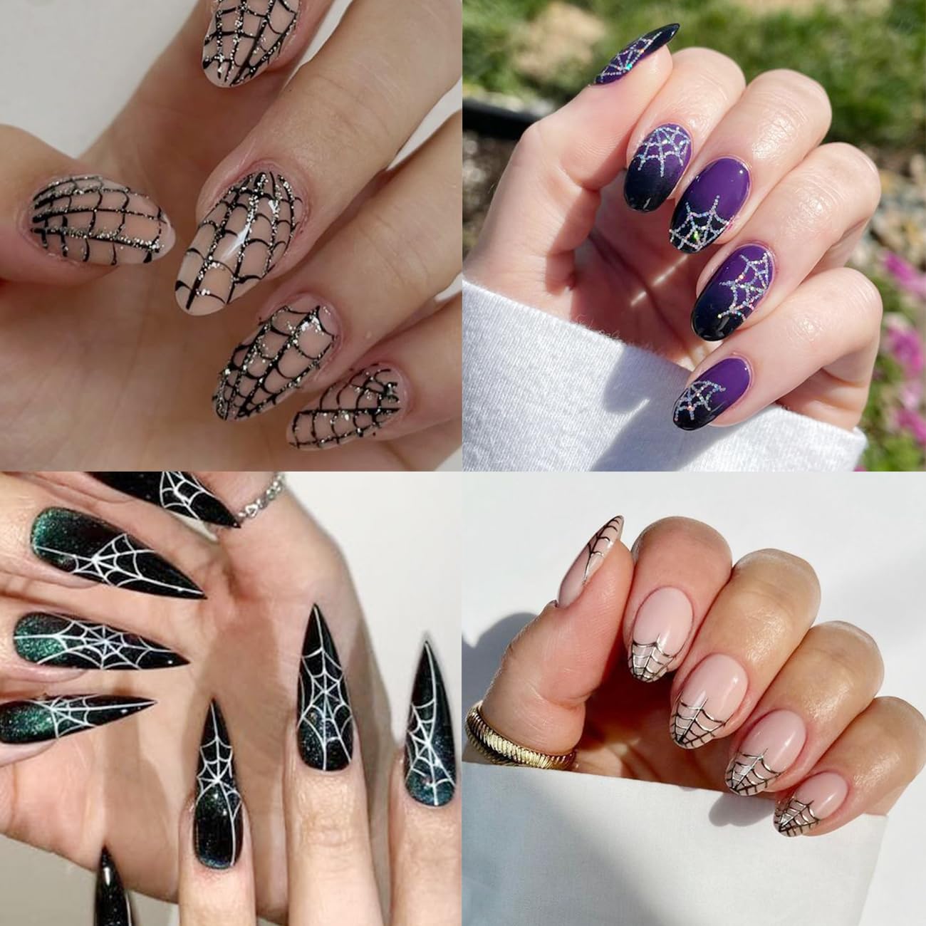 8Sheets Halloween 3D Glitter Spider Nail Art Stickers - Self-Adhesive Black Gold Silver Spider Web Decals - Luxury Gothic Design for Women DIY Nail Decoration