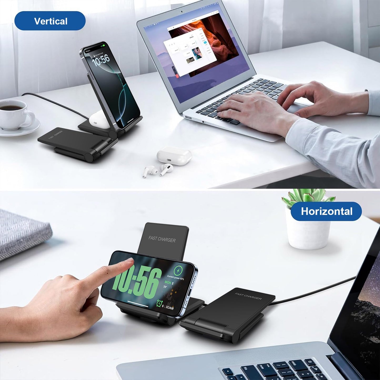 Wireless Charger 2 in 1, 20W Fast Wireless Charging Stand Station Foldable for iPhone 17 16 15 14 13 12 Pro Max/XS,Air Pods, for Samsung Galaxy S25/S24/S23/S22/S21/S20,Note20/10,Galaxy Buds