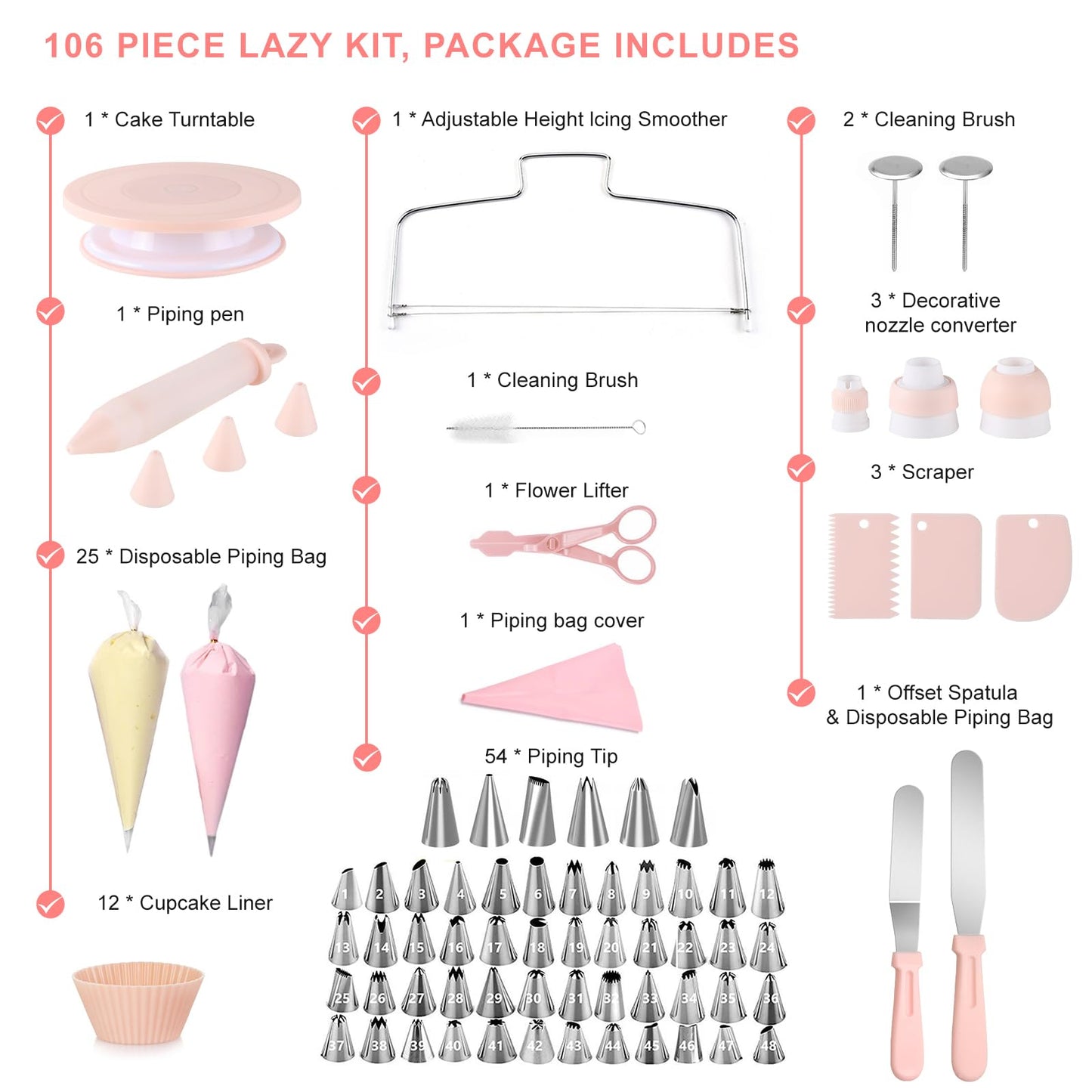 FGASIDYO 107PCS Cake Decorating Kit Includes Revolving cake turntable for decorating, Icing Bags and Tips Set, 2 Spatulas, 3 Cake Scraper, 25 Piping Bags, frosting piping kit, and 3 Coupler for Baking