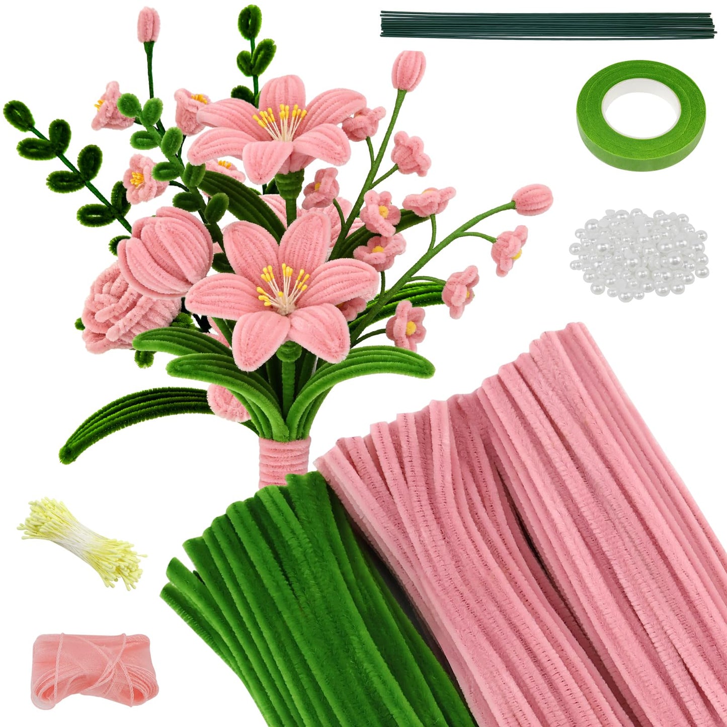 CHRORINE 320 Pcs Pipe Cleaners Bulk Pipe Cleaner Flower Kit Craft Supplies Soft and Flexible Creative Suitable for Art DIY Packaging and Decoration- Pink, Green