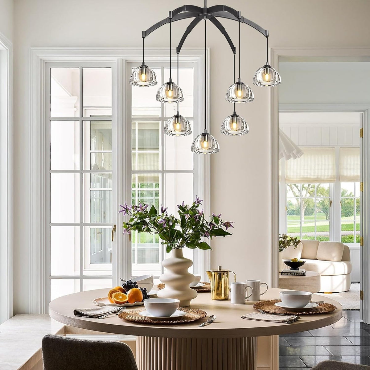 Modern Crystal Chandeliers, Black Round Chandelier for Dining Room, Large Arc Chandelies for Living Room, 7-Light Dining Room Light Fixture 34" Pendant Light Chandelier for Staircase Bedroom