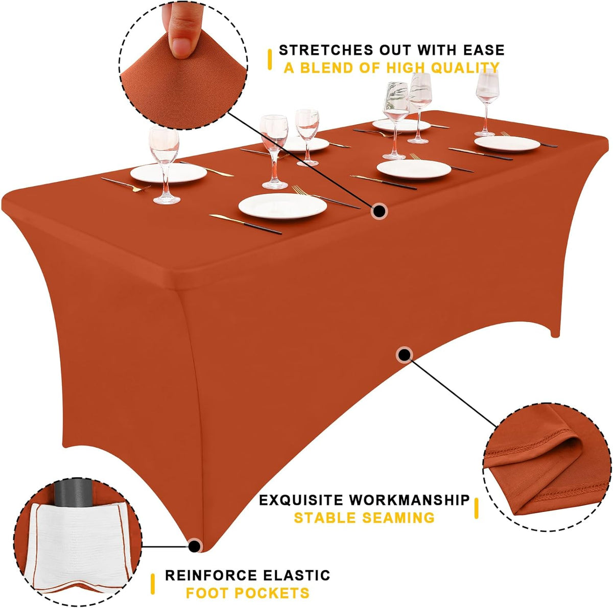 Smiry 2 Pack Spandex Table Cloth 8FT, Elastic Fitted Stretch Tablecloths, Washable and Wrinkle Free Rectangular Patio Table Cover for Outdoor, Wedding, Banquet & Parties (Rust, 96Lx30Wx30H Inch)