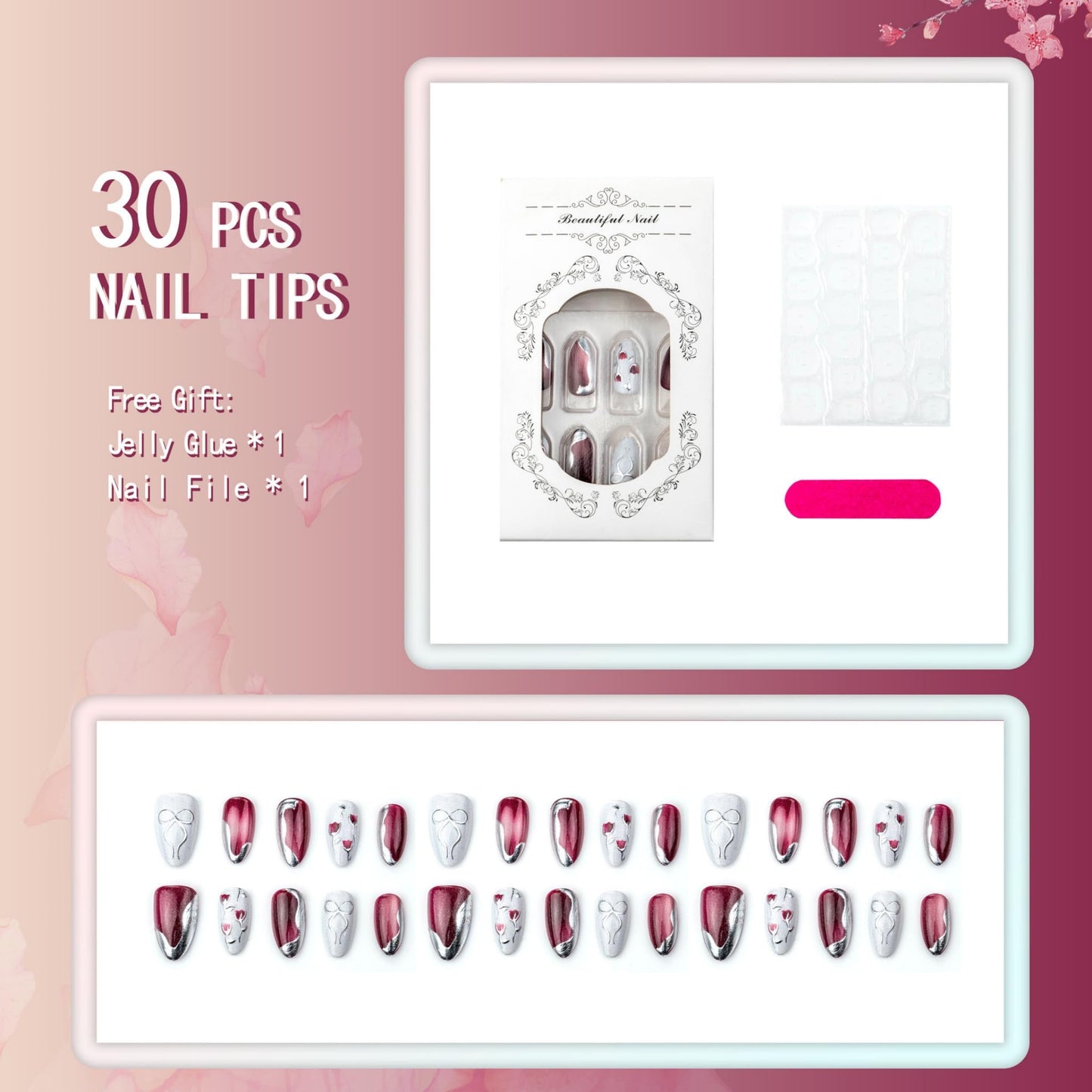 Medium Press on Nails Almond Fake Nails Red Acrylic Nail Press Ons Seeneey Bow and Flowers Designs Cat eye Stick on Nail for Women 30pcs