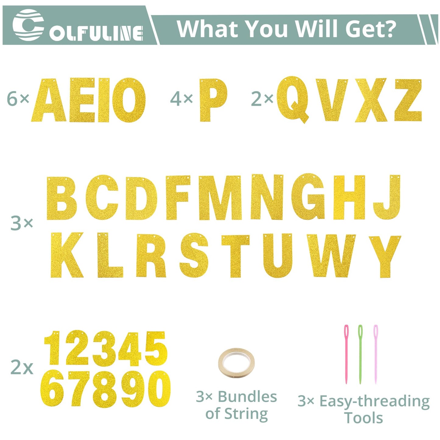COLFULINE DIY Customizable Glitter Letter Banner Kit, 107 PCS Gold Letters and Numbers with Rope & Threading Tool, Reusable Glitter Cardstock Sign for Birthday, Wedding, Baby Shower Decoration