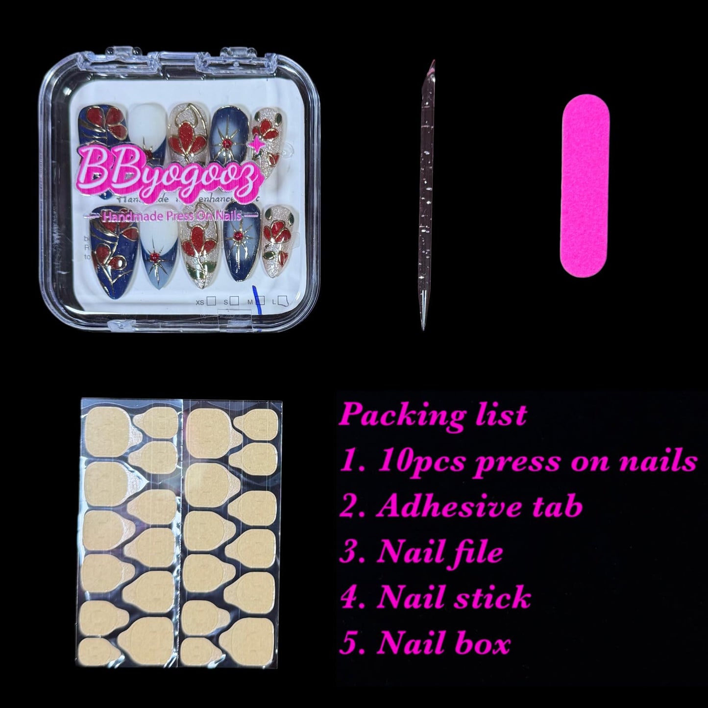 Handmade Press On Nails, Medium Almond Hand-Painted Floral Design, Luxury Blue & Red Art with Gold Outline Design, Reusable Acrylic Fake Nails Set Enamel (M)