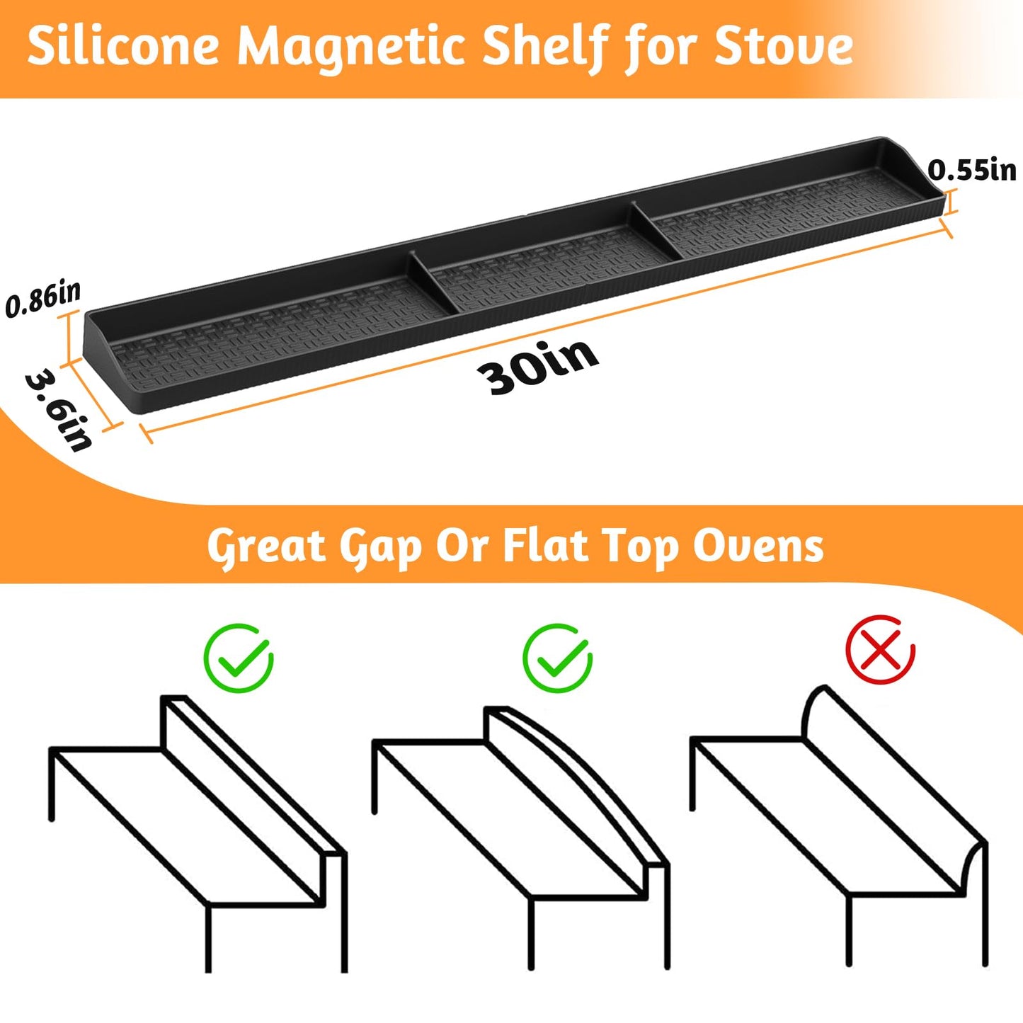 Magnetic Stove Top Shelf 30 Inch - Heat Resistant Silicone Over the Stove Shelf Spice Rack Organizer - 3 Functional Partitions Kitchen Organization and Storage for Spices, Oils & Gadgets (Black)