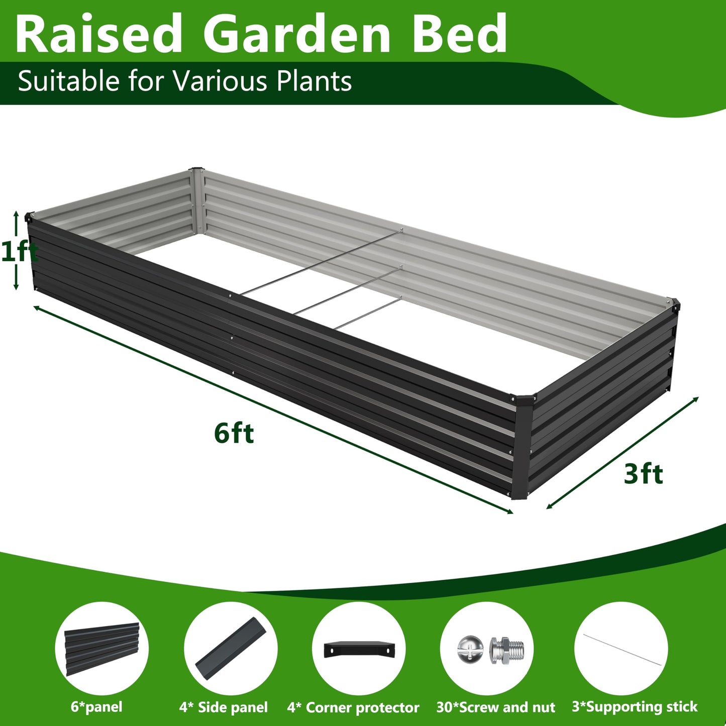 Easllre 2PCS 6x3x1ft Galvanized Raised Garden Bed,Outdoor Planter Box Metal Patio Kit Planting Bed for Vegetables Flowers Herb,Black