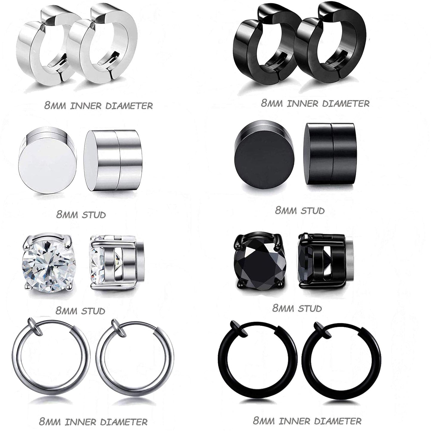 WAINIS 12 Pairs Stainless Steel Non Pierced Earrings for Men Women Magnet CZ Clip on Feather Dangle Earrings Set 8mm