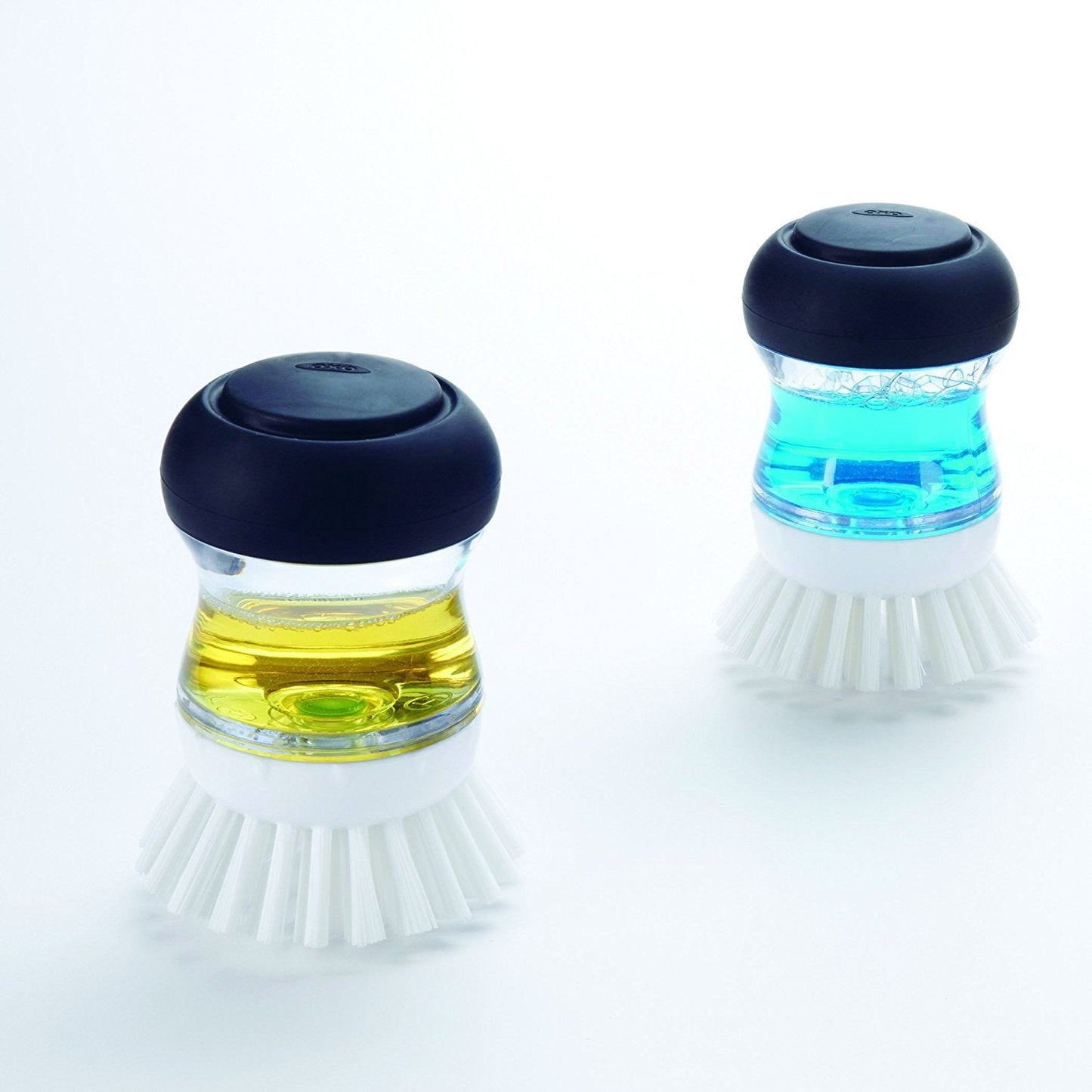 OXO Good Grips 2 Pack Palm Brush Storage Set with Soap Dispensing, Nylon Bristles, Black, Holder