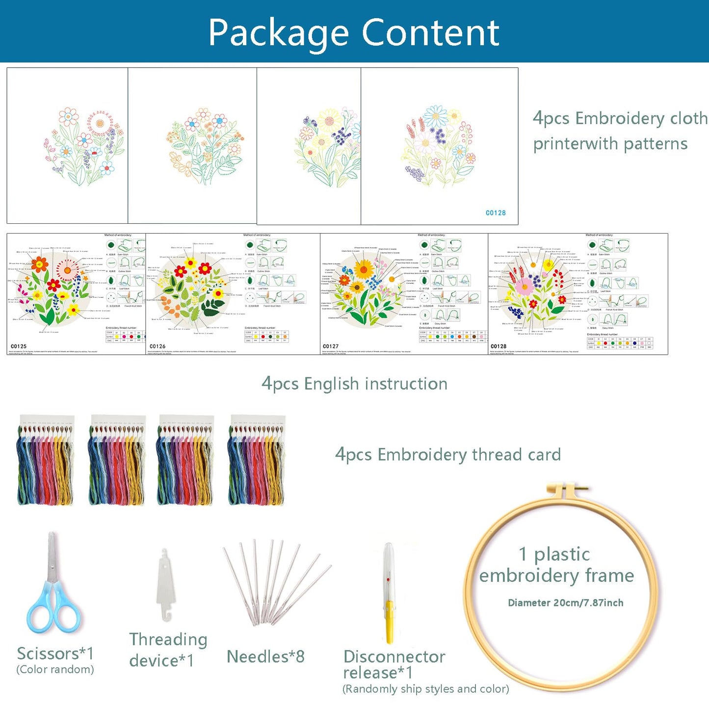 Zhenqing 4-Piece Floral Embroidery Kit for Beginners - Complete Set with Sunflower, Daisy Designs & Pre-Printed 29x29cm Cotton Fabric, Hoop, Threads & Tools(C0166)