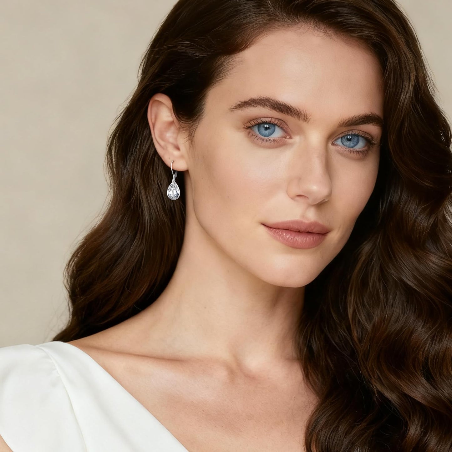 Eusense Tree of Life Dangle Earrings Teardrop Drop Sterling Silver Earrings CZ Clear White Birthstone Leverback Tree of Life Jewelry Gift for Women