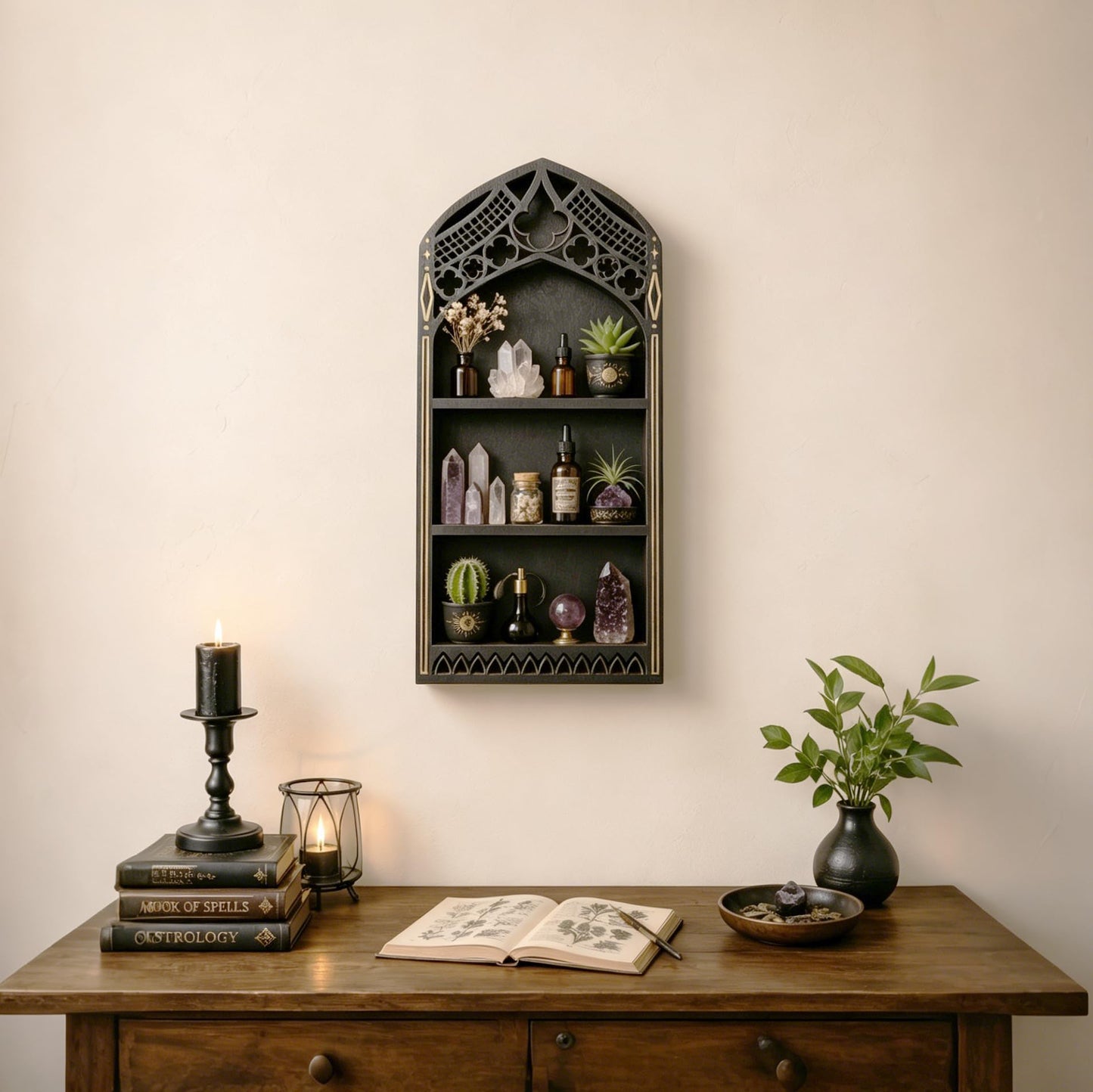 Gothic Window Crystal Shelf Display for Wall, Wooden Gem Stone Rock Storage Holder Trinkets Organizer, Wall Mount Stand Case Box for Witch Wiccan Decor, Spiritual Gift for Home Bedroom Living Room