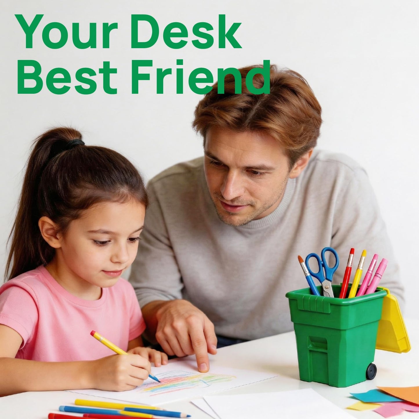 ini Trash Can Pen Holder with Lid - 3-in-1 Desk Organizer Pencil Cup Small Plant Pot with Drainage Desktop Trash Bin for Office Plants and Gifts Green
