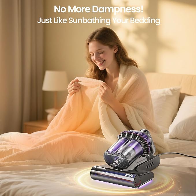 Xlife Mattress Vacuum Cleaner, Bed Vacuum with 2 Roller Brushes for Pet Hair, 253.7nm UV-C Light, 140F° Heating, 550W 16KPA Suction, HEPA Filter Couch Vauum for Bed, Sofa, Pillow, Baby Crib (Corded