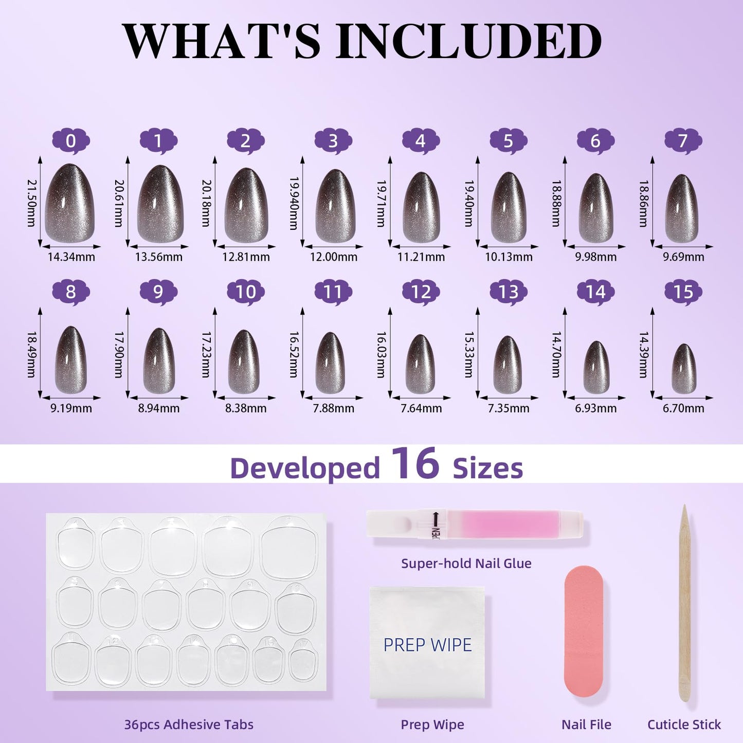 Black & White French Tip Cat Eye Press On Nails - Short Almond Press On Nails, Reusable Fake Nails with Glue, 32 PCS 16 Sizes