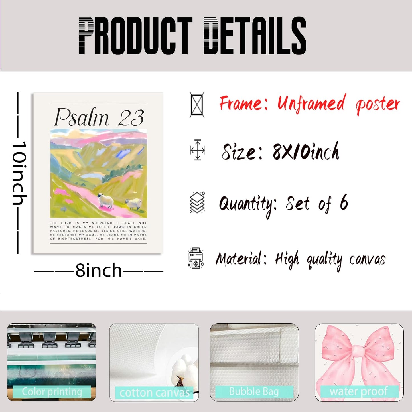 Pink Christian Posters Wall Art Set of 6 Bible Verse Canvas Wall Decor Religious Pictures Prints Scripture Bundle Bow Artwork Girls Room Trendy Preppy Painting Home Decoration 8x10 Inch Unframed