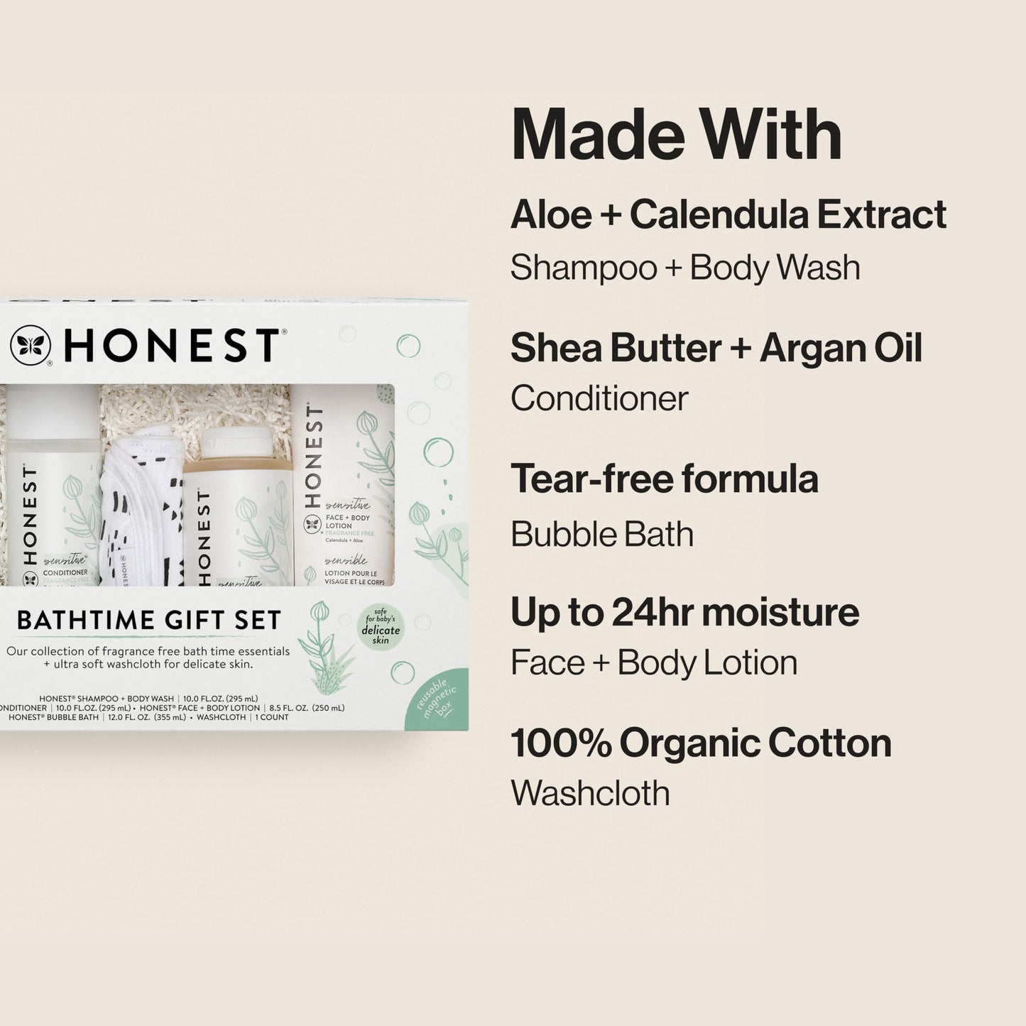 The Honest Company Fragrance-Free Bathtime Gift Set, Hypoallergenic, Bath Essentials for Sensitive Skin, Shampoo and Body Wash, Face Lotion, Bubble Bath, Conditioner, Wash Cloth