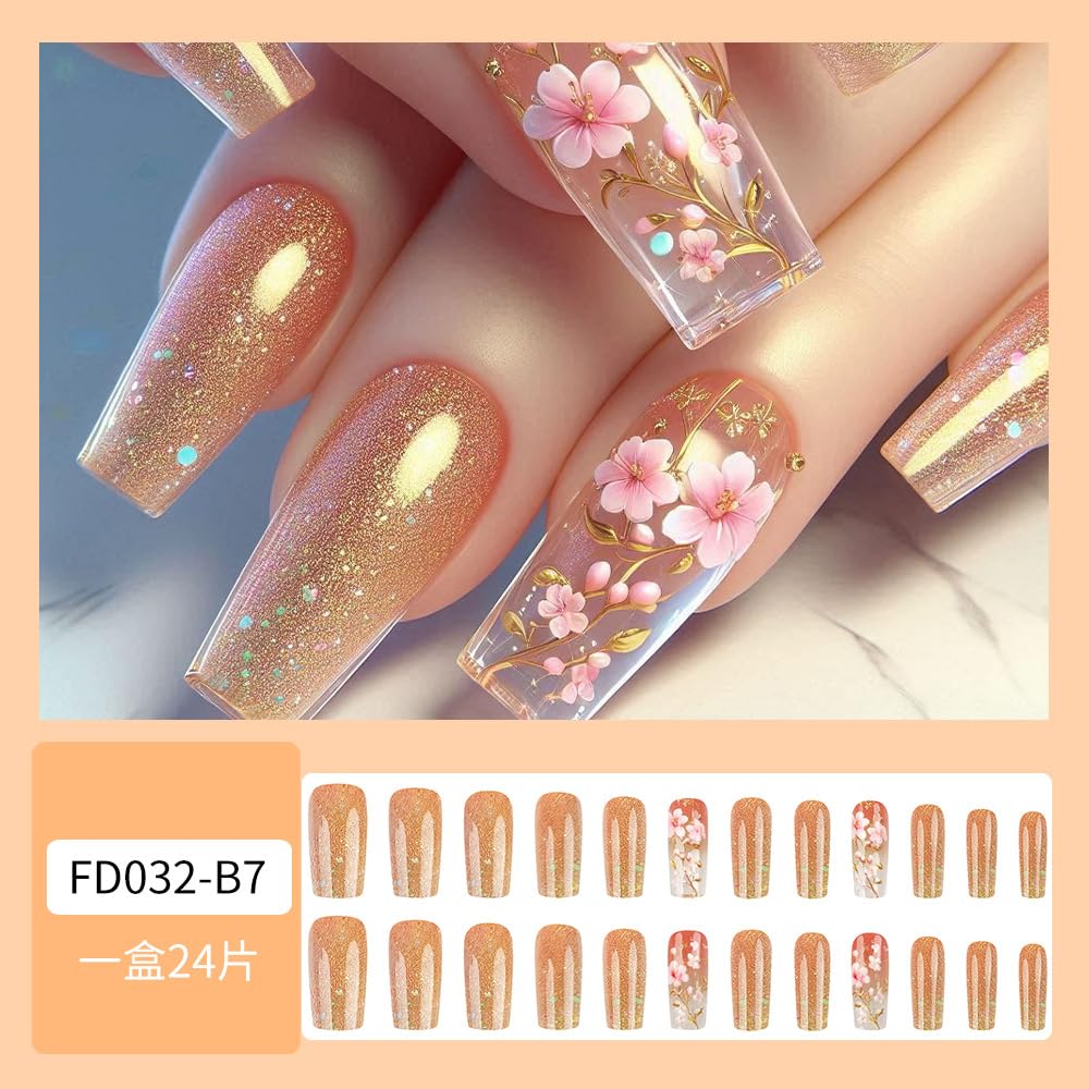 Medium Press on Nails Square Fake Nails Floral False Nails Sparkly Artificial Nails with Flowers Designs Stick on Nails for Women 24pcs