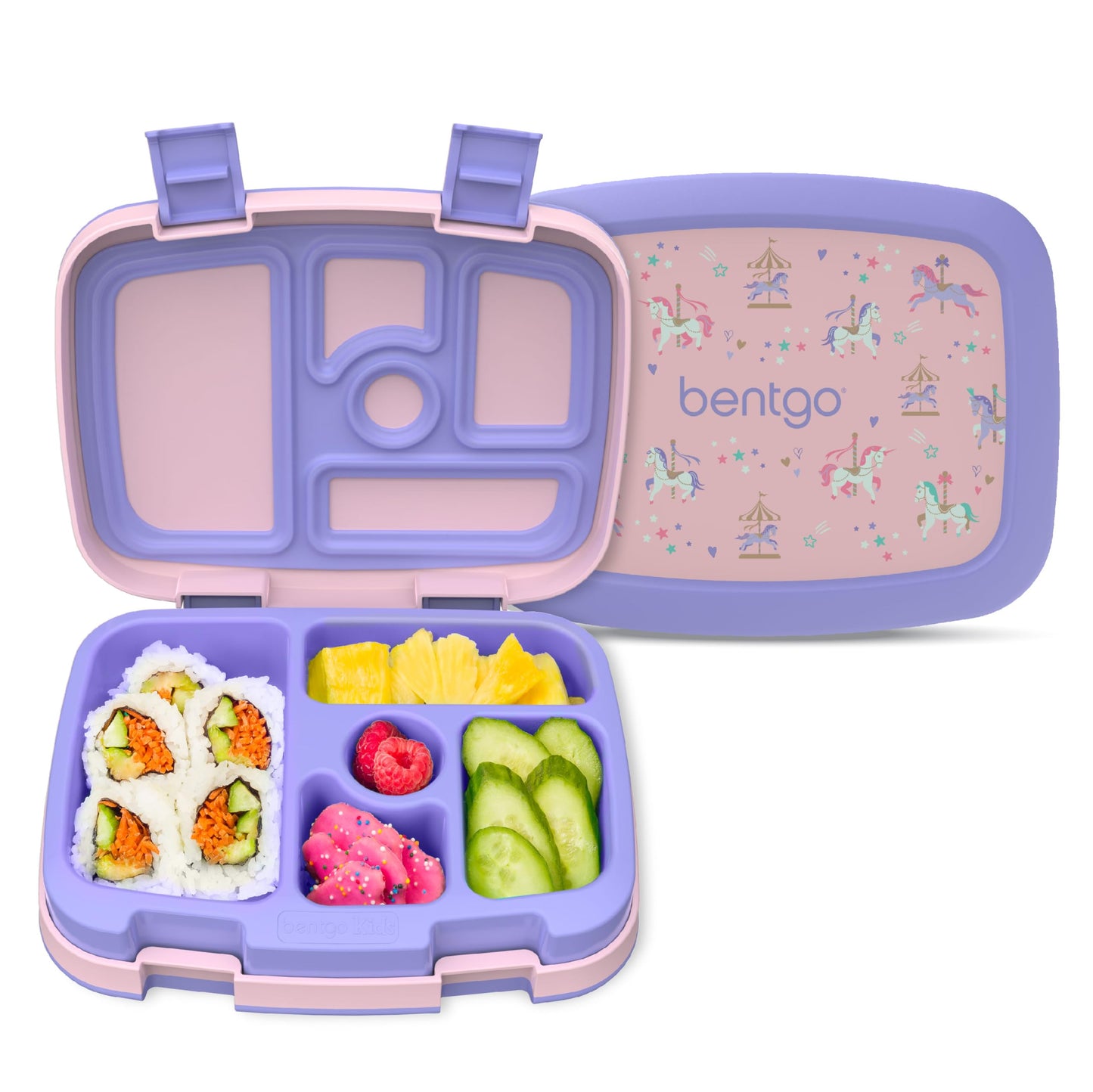 Bentgo Kids Prints Leak-Proof, 5-Compartment Bento-Style Kids Lunch Box - Ideal Portion Sizes for Ages 3-7, Durable, Drop-Proof, Dishwasher Safe, & PFAS & BPA-Free Materials (Carousel Unicorns)