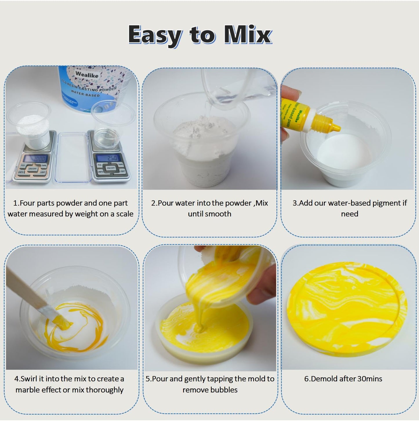 Wealike Eco Resin Casting Powder 6.6lbs/3000G,Water-Based Ceramic Resin Plaster with 6PCS Pigments,20-30 Minutes Demold.Easy Mix for Home Decor &DIY Art