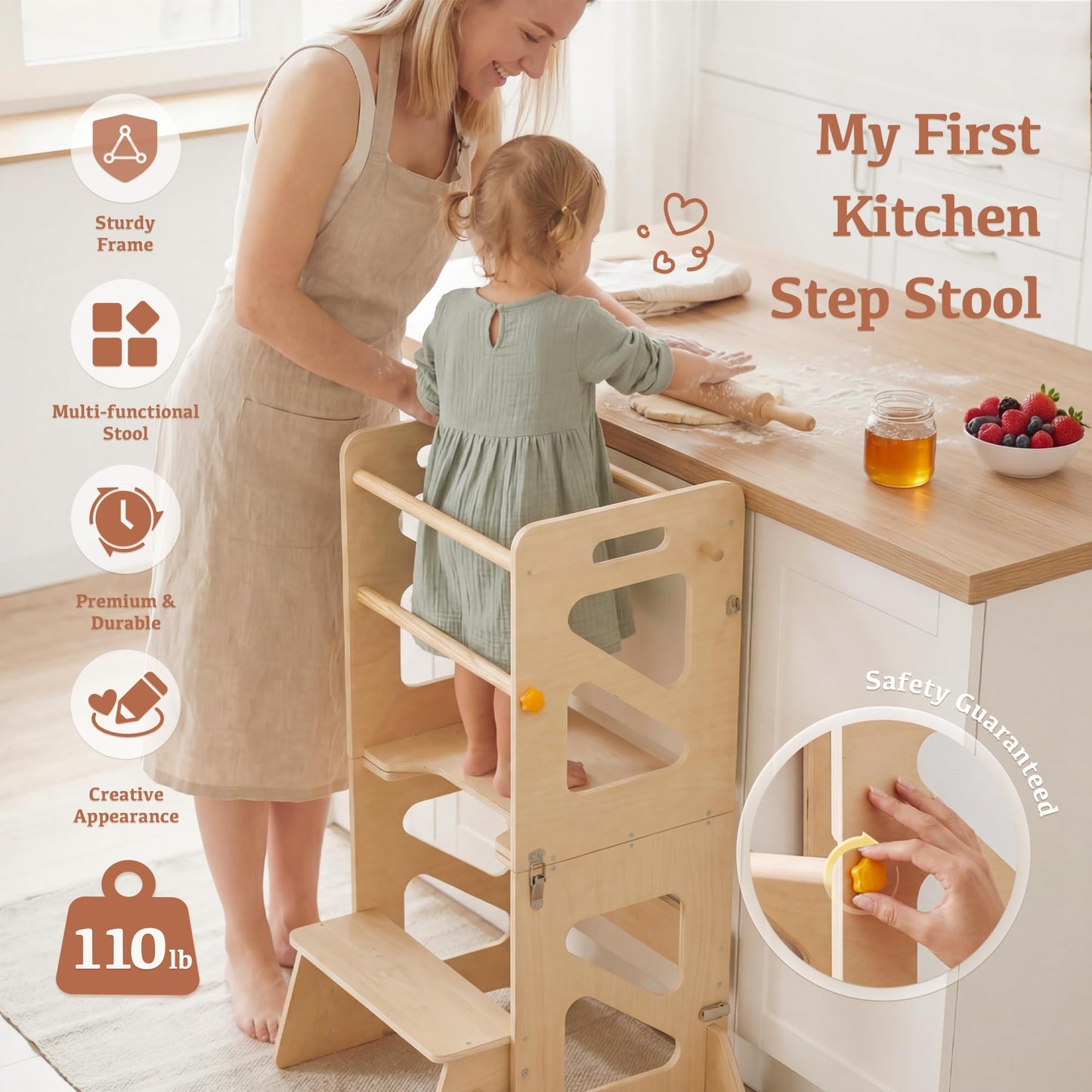 Toddler Kitchen Stool, 4 in 1 Foldable Toddler Tower with Anti-tip Structure, Montessori Learning Standing Tower for Kitchen Counter & Bathroom Sink, Kitchen Stool Helper for Kids 18M+