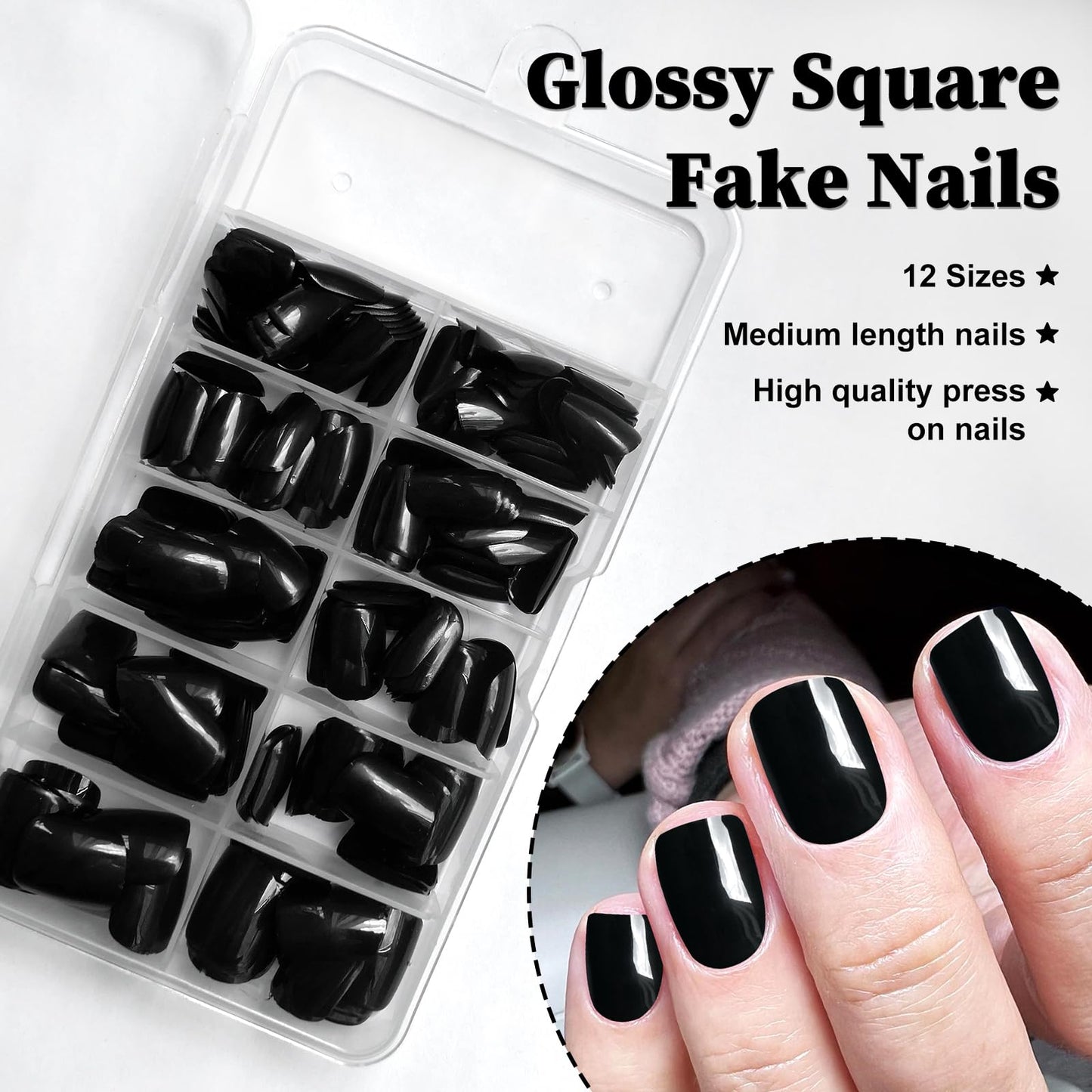 LuckForever Short Press on Nails 240pc Glossy Black Press on Nails Short Square Round Fake Nails Full Cover 10 Sheets Nail Adhesive Tabs,Small Wooden Sticks and Nail Files False Nails for Women