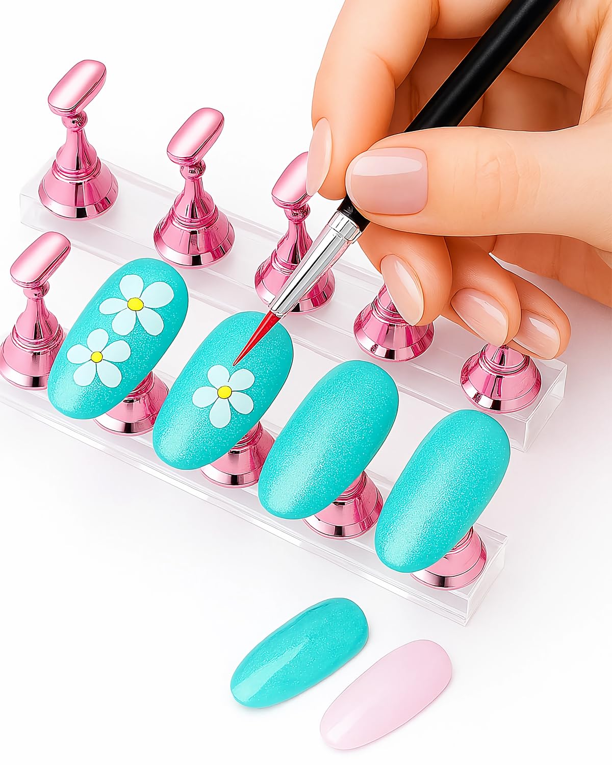 Nail Art Tools Set, 15 Pcs Nail Art Brushes, 5 Double Ended Dotting Pens, Mixing Palette, Nail Brush Holder, 10 Nail Stands & Tape for Press on Holder, Suit for Nail Tech & Beginners