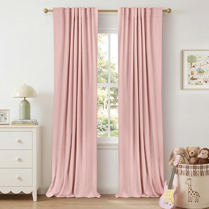 100% Blackout Shield Linen Blackout Curtains for Bedroom 90 Inches Long, Back Tab/Rod Pocket Living Room Drapes, Thermal Insulated Blackout Curtains 2 Panels Set, 50" W x 90" L,Baby Pink