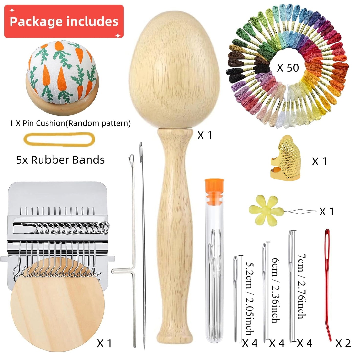 Darning Egg, Mini Darning Loom, Darning Egg Weaving Tool Set with Small Weaving Loom Kit with 14 Pcs Large Eye Needles 50 Colors Darning Thread for DIY Handicraft Home Sewing Care