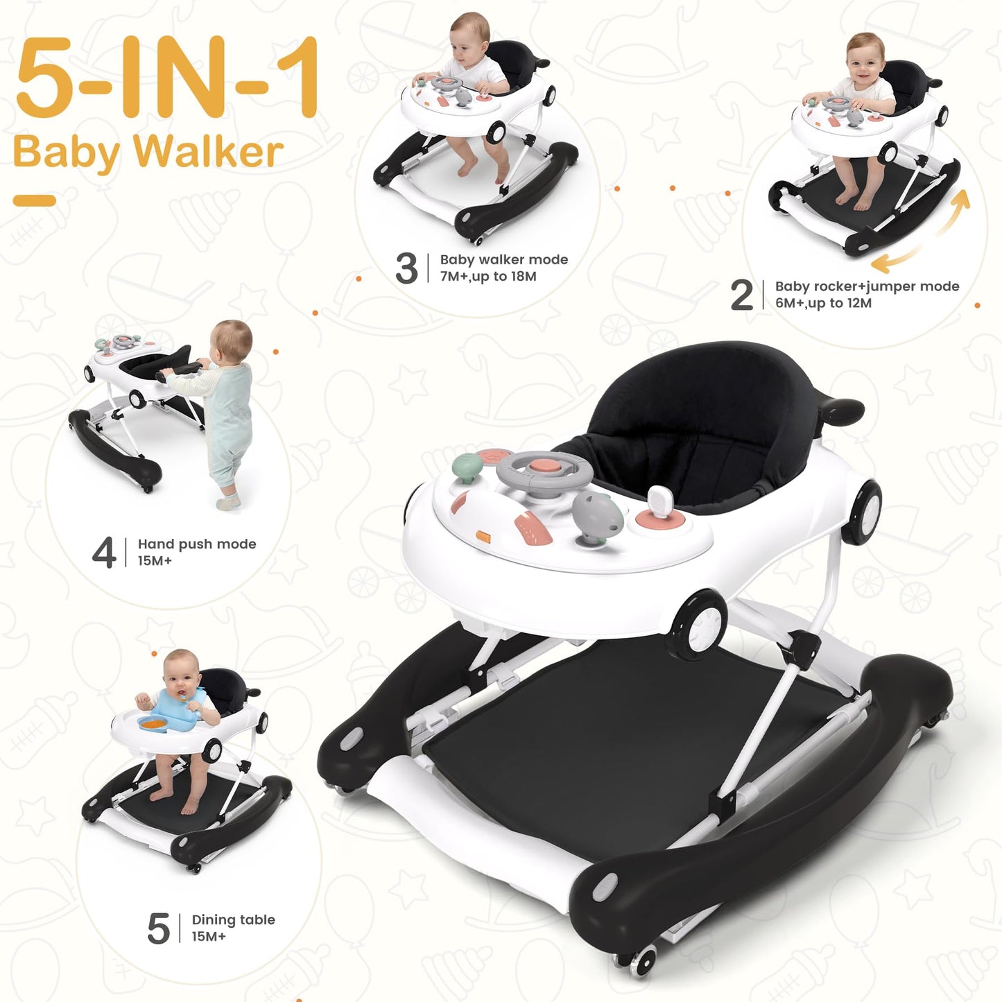 Baby Walker, 5-in-1 Baby Walker for Boys and Girls with Bouncer, Removable Footrest, Music, Foldable & Adjustable Speed Wheels Activity Walker for 6-18 Months Toddler Infant(Black)