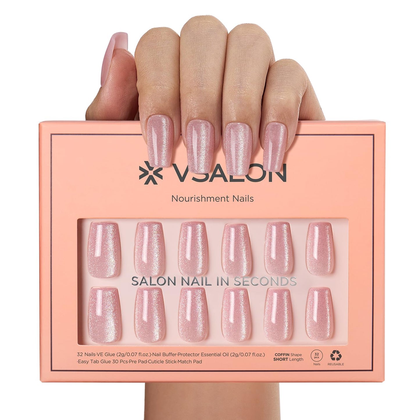 VSALON Short Coffin Press On Nails - Cat Eye Crystal Pink Glitter Fake Nails, Spring Summer Shimmer Reusable Opaque Fake Nails with Cuticle Oil - 32 PCS Stick On Nails in 16 Sizes
