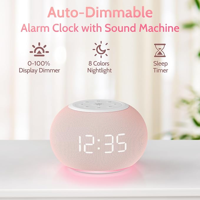 REACHER Auto Dimmable Sound Machine Alarm Clock with Night Light for Girls | 20 soothing sounds, sleep timer, precise volume, soft night lights, auto-dimming display, cute white noise soother for kids