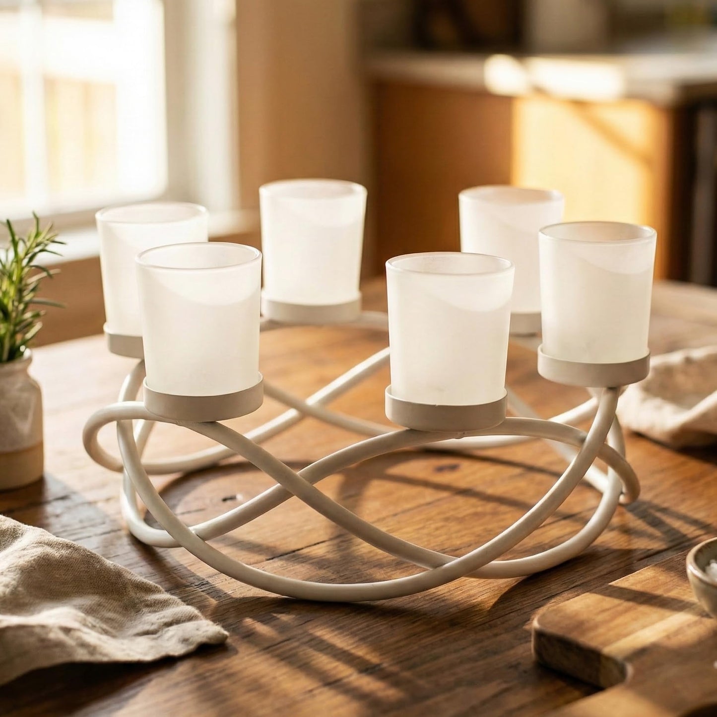 Seraphic Iron Round Table Decor Centerpiece Decorations Candle Holder for Weddings, Outdoor Patio, Kitchen, Dining Room, and Coffee Tables, Glass Votive Tealight Holders, White, 6 Clear Cups