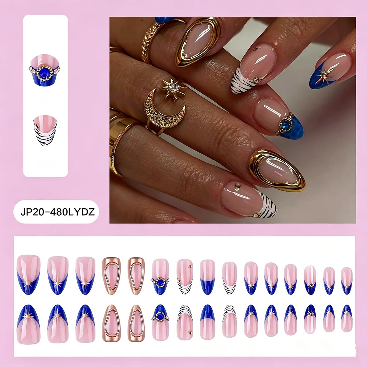 Medium Almond Press on Nails Blue French Tip Fake Nails with Gold Star Design Nude Pink Nails press ons Acrylic Glossy Stick on Nails for Women, Luxury Boho Style 30Pcs