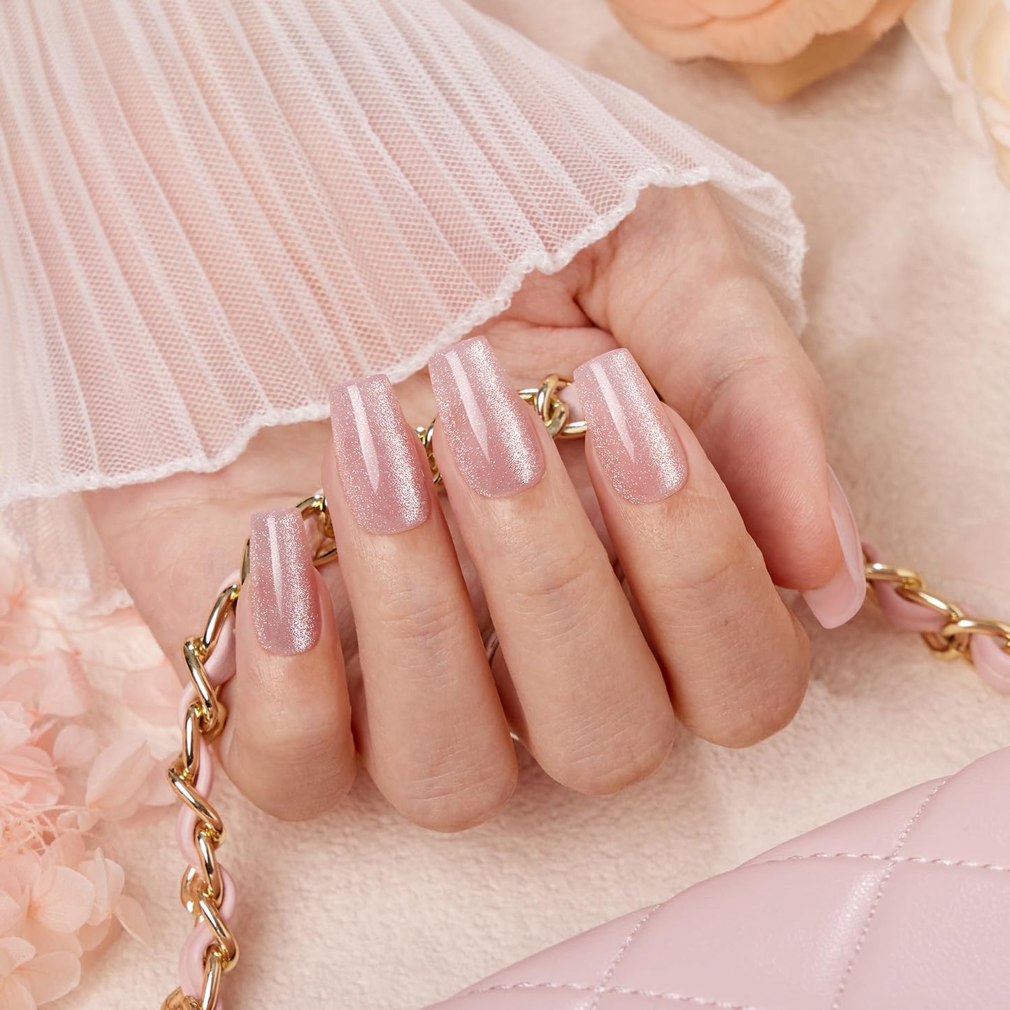VSALON Short Coffin Press On Nails - Cat Eye Crystal Pink Glitter Fake Nails, Spring Summer Shimmer Reusable Opaque Fake Nails with Cuticle Oil - 32 PCS Stick On Nails in 16 Sizes