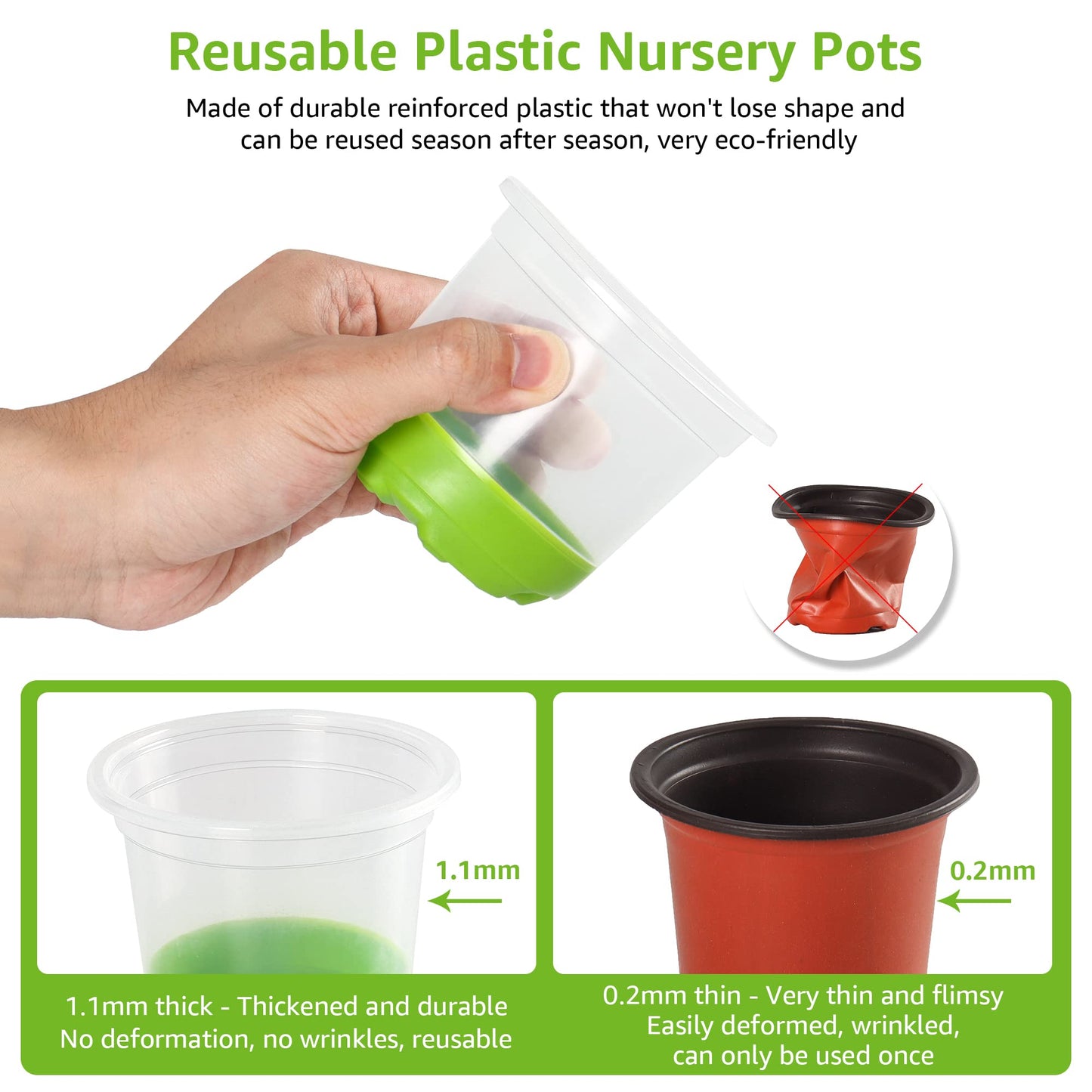 MIXC Thickened Clear Nursery Pots with Silicone Base for Easy Transplant 30 Packs 4 Inch, Transparent Plant Pot Reusable Seedling Pots for Vegetable Propagation, Root Cutting, Seed Starting, Green