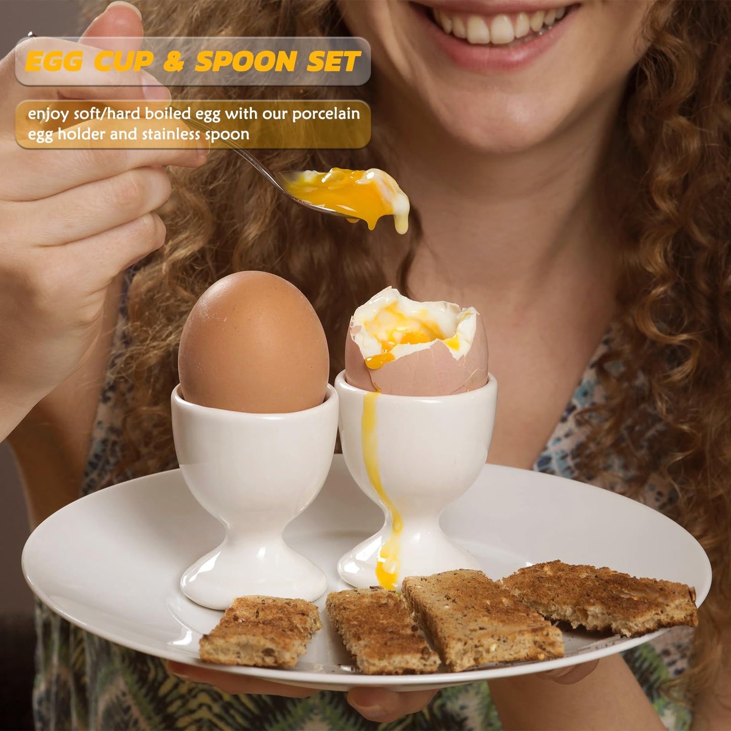 RHAFAYRE Egg Holder for Boiled Eggs, 6 Pack Porcelain Egg Cups with Spoons for Soft Hard Boiled Eggs Breakfast Dinner, 3.5" White