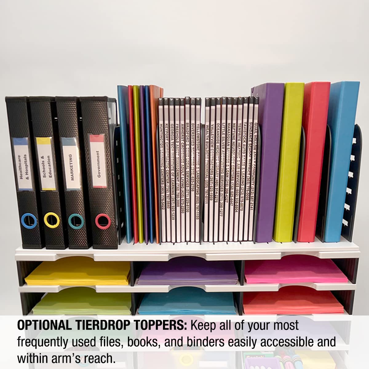 Ultimate Office Desktop Organizer 9 Letter Tray Sorter PLUS Riser Storage Base for Easy Access to Lower Slots, Desk Accessories & Supplies. Optional File Topper & Drawers