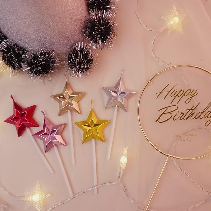 Saododku Birthday Candles, 5pcs Pink Birthday Candles for Cake, Star Shaped Sparkler Candles for Birthday Cake, Metallic Color Stereo Shaping Cake Candles Set
