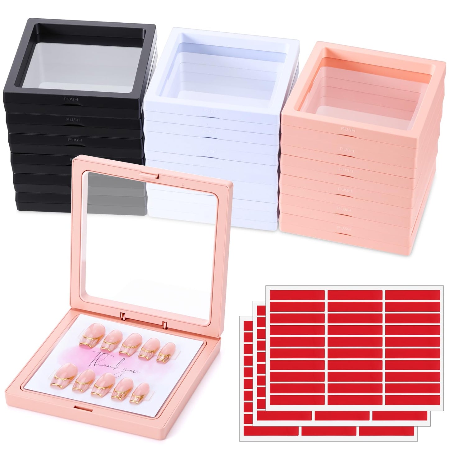 meekoo 30 Pcs Press on Nail Packaging Box with 90 Pcs Adhesive Double Sided Tape Artificial Nail Display Case Storage Container Box Acrylic Packaging Organizer for Home Salon Art (Black, White, Pink)