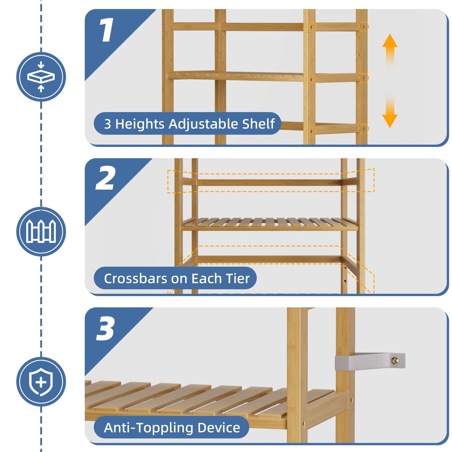 HITNET Bamboo Shelf, 6-Tier Adjustable Tall Open Bookcase, Bathroom Storage Rack Freestanding Shelving Unit, Plant Display Stand for Small Space, Natural