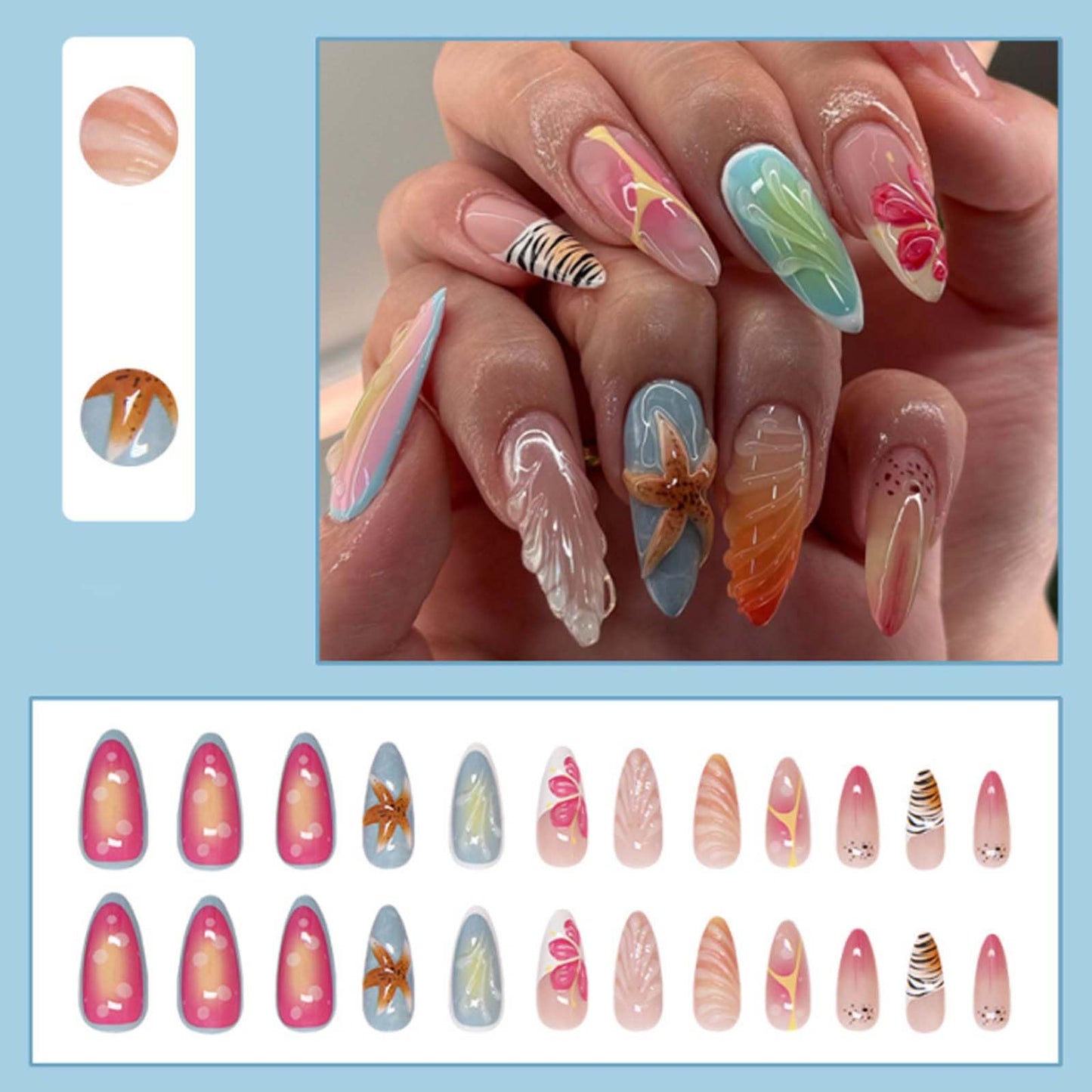 Hkanlre Almond Fake Nude Nails Tips Full Cover False Medium Nails Summer Flower Press on Nails for Women 24PCS