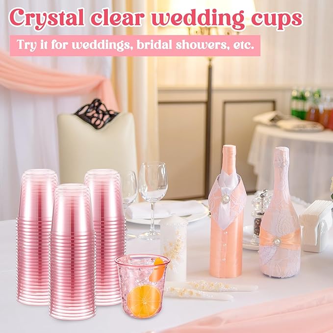 50 Pcs Disposable Stemless Glasses 12oz Crystal Plastic Wine Glasses Clear Classic Pet Cup for Meeting Weddings Birthdays Cocktail Christmas Party Supplies (Pink)