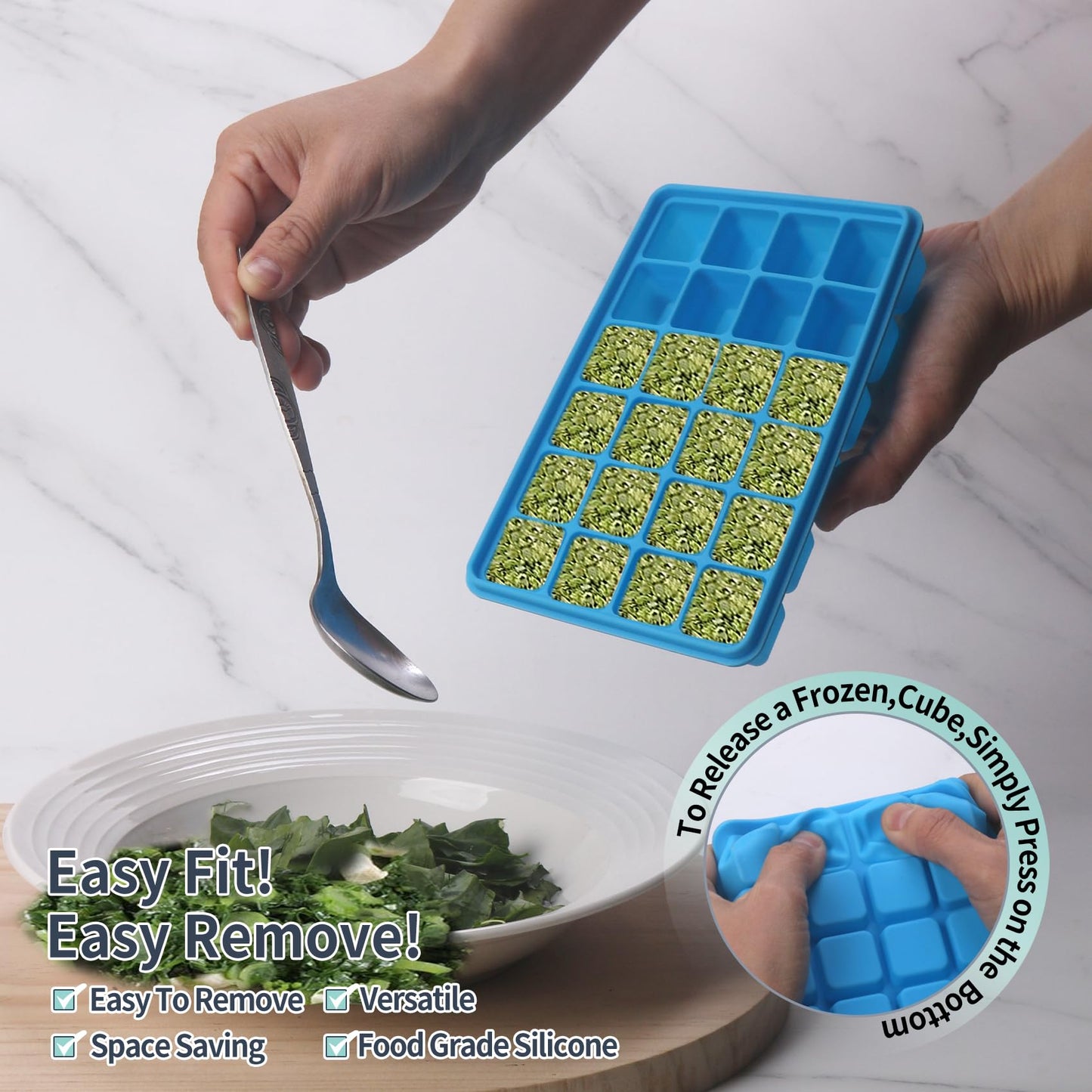 Silicone Freezer Molds Gift Set with 1Tbsp,2 Tbsp, 1/2, 1, and 2 Cup Silicone Freezer Trays With Lids - Meal Prep and Kitchen Essentials Bundle (Blue 5 Pack)