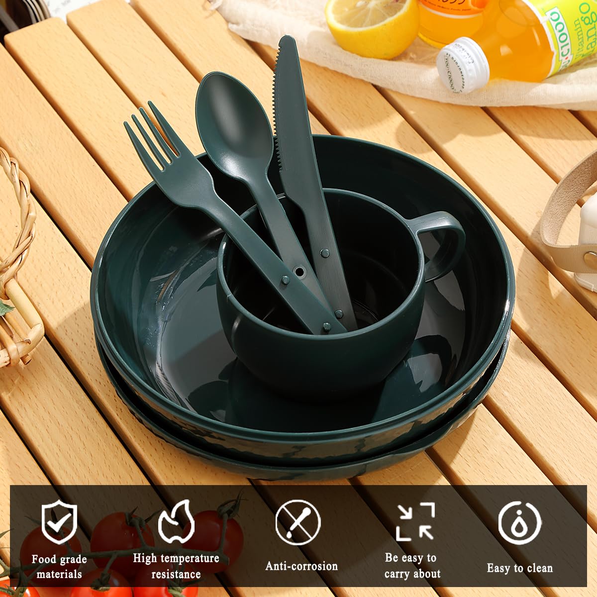 Berglander Camping Mess Kit with Bowl, Plate, Cup, Spoon, Fork, Knife and Carry Bag, Plastic Camping Accessories Essentials Gear for Travel, Camping, Picnic, Outdoor, Light Weight Easy to Carry
